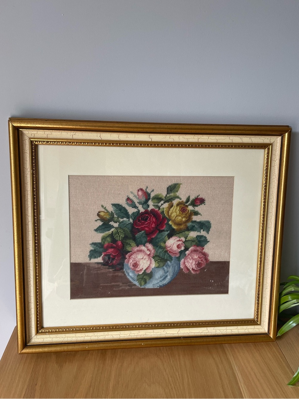 Vintage 1970s Large Framed Floral Rose Bouquet Needlepoint 22 x 19